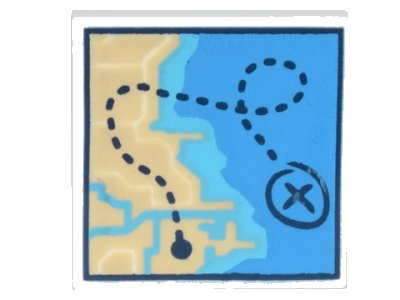 LEGO part Tile 2 x 2 with Map of Coastline with Tan Land, Dark Azure and Medium Azure Water, and Dark Blue Dotted Line with 'X' Pattern (3068pb2011)