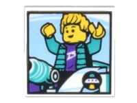 LEGO part Tile 2 x 2 with Space Ride Photo of Minifigure with Raised Arms with Dark Turquoise Jacket and Dark Purple Shirt Pattern 3068pb2015
