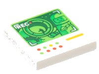 LEGO part Tile 2 x 2 with Dark Green Screen with 'REC' and Classic Space Minifigure, and Red, Bright Green and Yellow Lights and Line Pattern 3068pb2029