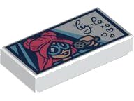 LEGO part Tile 1 x 2 with Mini Doll Head, Silver Microphone and Black Handwritten 'Ley-La xo' and Hearts Pattern 3069pb1209