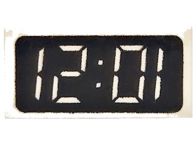 LEGO part Tile 1 x 2 with Digital Clock with  '12:01' / '10:21' on Black Background Pattern (3069px5)