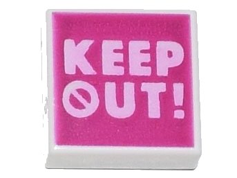 LEGO part Tile 1 x 1 with Bright Pink 'KEEP OUT!' on Magenta Background Pattern (3070pb185)
