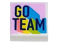 LEGO part Tile 1 x 1 with Dark Blue 'GO TEAM' with Coral, Yellow, Lime, and Dark Azure Highlights on Bright Pink Background Pattern 3070pb248