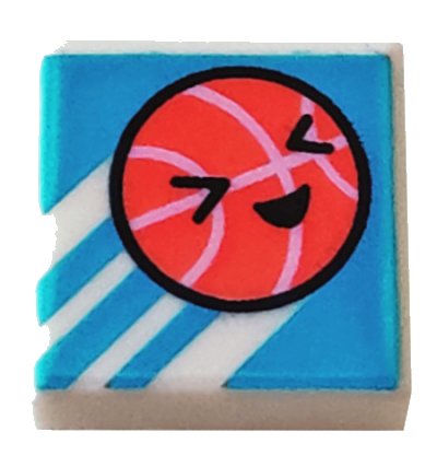 LEGO part Tile 1 x 1 with Coral Basketball with Face and Bright Pink Lines on Dark Azure Background with Diagonal Stripes Pattern (3070pb250)