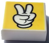 LEGO part Tile 1 x 1 with White Peace Sign Glove with Black Outline on Yellow Background Pattern 3070pb256
