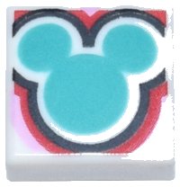 LEGO part Tile 1 x 1 with Dark Turquoise Mickey Mouse Head Silhouette with Black, Red and Bright Pink Outline Pattern 3070pb265