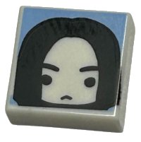 LEGO part Tile 1 x 1 with Male Head with Frown, Black Eyebrows and Long Hair on Bright Light Blue Background Pattern (HP Severus Snape) 3070pb305