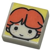 LEGO part Tile 1 x 1 with Male Head with Smile, Freckles, and Coral Eyebrows and Hair on Bright Light Yellow Background Pattern (HP Ron Weasley) 3070pb307