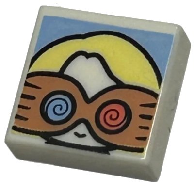 LEGO part Tile 1 x 1 with Female Head with Smile, Bright Yellow Hair, and Medium Nougat Spectrespecs Glasses on Bright Light Blue Background Pattern (HP Luna Lo (3070pb310)