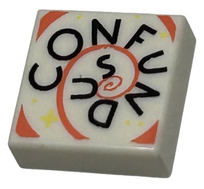LEGO part Tile 1 x 1 with Black 'CONFUNDUS', Coral Spiral, and Bright Light Yellow Dots and Sparkle Pattern (3070pb318)