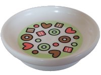 LEGO part Duplo Utensil Dish 3 x 3 with Coral, Medium Brown, and Yellowish Green Hearts, Circles, and Striped Squares Pattern 31333pb15