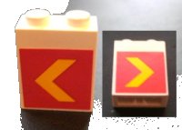 LEGO part Stein 1 x 2 x 2 with Inside Axle Holder with Yellow Chevron on Red Background Pattern on Both Sides (Stickers) - Set 1255 3245bpb09