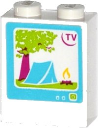 LEGO part Brick 1 x 2 x 2 with Inside Stud Holder with 'TV', Tree, Tent and Campfire on Screen Pattern (Sticker) - Set 41034 3245cpb028