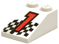 LEGO part Slope 33 3 x 2 with Red Number 1 and Checkered Flag Pattern 3298pb003