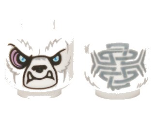 LEGO part Minifigure, Head Alien Chima Bear with Black Nose, Bright Light Blue Eyes, Light Bluish Gray Fur, Medium Lavender Sinews, Lower Fangs, and Sand Blue Tribal Markings Pattern (3626pb1295)
