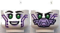 LEGO part Minifigure, Head Dual Sided Alien Female Robot with Black Eyebrows, Single Eyelashes, Bright Green Eyes, Lavender Eye Shadow and Lips, Dark Purple Circuitry, Open Mouth Smile / Face Mask Pattern 3626pb3809