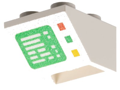 LEGO part Slope, Inverted 45 2 x 2 with Flat Bottom Pin with Green Computer Screen on White Background, Red, Green, and Yellow Buttons on Right Side Pattern (3660p01)