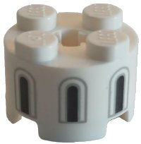 LEGO part Brick, Round 2 x 2 with Axle Hole with 3 Black and Light Bluish Gray Castle Windows Pattern 3941pb57