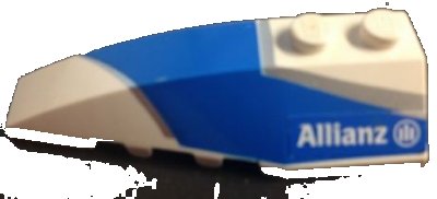 LEGO part Wedge 6 x 2 Left with Blue and Silver Wraparound Pattern, with Allianz Logo Pattern (Sticker) - Set 8374 (41748pb060)