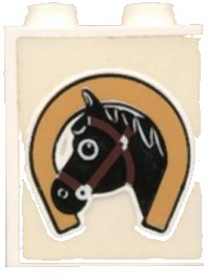 LEGO part Panel 1 x 2 x 2 - Solid Studs with Horseshoe and Black Horse Head Pattern (Sticker) - Set 6359 4864apb002