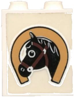 LEGO onderdeel Panel 1 x 2 x 2 - Solid Studs with Horseshoe and Black Horse Head Pattern (Sticker) - Set 6359 (4864apb002)
