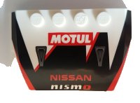 LEGO part Wedge 4 x 6 x 2/3 Triple Curved with 'MOTUL' and 'NISSAN nismo' on Black and Red Car Hood Pattern 52031pb138