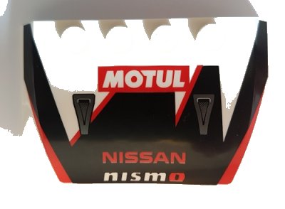 LEGO part Wedge 4 x 6 x 2/3 Triple Curved with 'MOTUL' and 'NISSAN nismo' on Black and Red Car Hood Pattern (52031pb138)