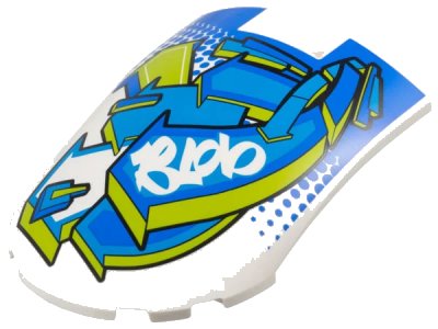 LEGO part Windscreen 8 x 6 x 2 Curved with Blue, Dark Azure, and Lime Arrows and 'BLOb" Pattern (5274pb01)