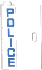 LEGO part Door 1 x 3 x 4 Left - Open Between Top and Bottom Hinge with Blue 'POLICE' Vertical Pattern (Sticker) - Set 60044 58381pb12