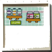 LEGO part Panel 1 x 6 x 5 with Pantry Shelves with Dark Pink and Lime Jars and 'yum' Sign on Light Aqua Tile Background Pattern (Sticker) - Set 41395 59349pb293