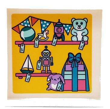 LEGO part Panel 1 x 6 x 5 with Shelves, Bunting, Toys, Price Tags and Presents with Bow on Yellow Background Pattern (Sticker) - Set 41450 (59349pb311)