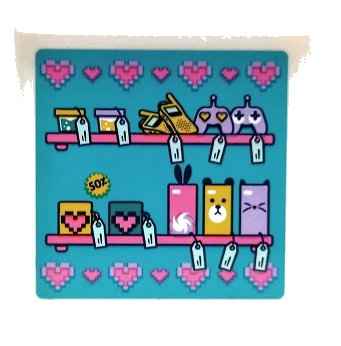 LEGO part Panel 1 x 6 x 5 with Shelves, Cell Phones, Game Controllers, Price Tags and Dark Pink Hearts on Medium Azure Background Pattern (Sticker) - Set 41450 (59349pb315)