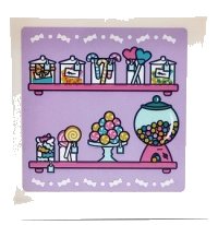 LEGO part Panel 1 x 6 x 5 with Shelves, Jars, Candy Canes, Hearts and Gumball Machine on Lavender Background Pattern (Sticker) - Set 41450 59349pb317