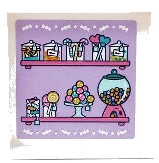 LEGO part Panel 1 x 6 x 5 with Shelves, Jars, Candy Canes, Hearts and Gumball Machine on Lavender Background Pattern (Sticker) - Set 41450 (59349pb317)
