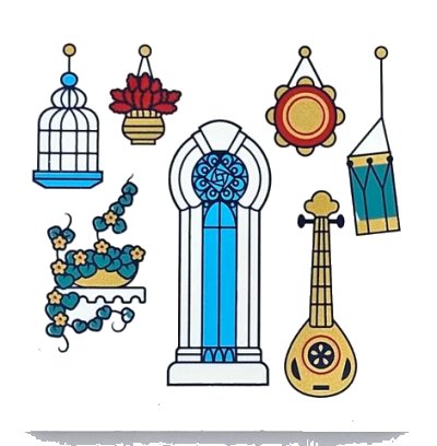 LEGO onderdeel Panel 1 x 6 x 5 with Dark Turquoise and Red Plant, Gold Lute, Medium Azure Bird Cage and Arched Window, Mirror and Drum Pattern (59349pb332)