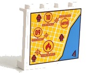LEGO part Panel 1 x 4 x 3 with Side Supports - Hollow Studs with Street Map, Fire Hydrant Locations, and '09', '10', '60110', and Flame in Circles Pattern (Sticker) - Set 60110 60581pb124