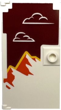LEGO part Door 1 x 4 x 6 with Stud Handle with Clouds on Dark Red Background, Orange and Yellow Mountains Pattern 60616pb116