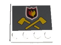 LEGO part Tile, Modified 4 x 4 with Studs on Edge with Fire Logo Badge and Crossed Yellow Axes on Dark Bluish Gray Background Pattern (Sticker) - Set 7208 6179pb032