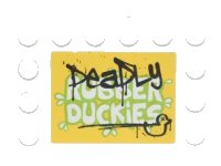 LEGO part Tile, Modified 4 x 6 with Studs on Edges with Black 'DeaDLy' and Duck Graffiti over Lime and White 'RUBBER DUCKIES' Pattern (Sticker) - Set 76035 6180pb092