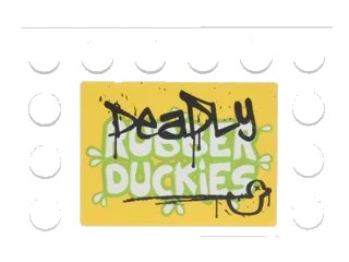 LEGO onderdeel Tile, Modified 4 x 6 with Studs on Edges with Black 'DeaDLy' and Duck Graffiti over Lime and White 'RUBBER DUCKIES' Pattern (Sticker) - Set 76035 (6180pb092)