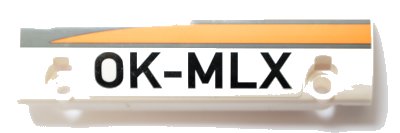 LEGO part Technic, Panel Curved 11 x 3 with Black 'OK-MLX' and Dark Bluish Gray and Orange Stripes Pattern Model Left Side (Sticker) - Set 42052 (62531pb043l)