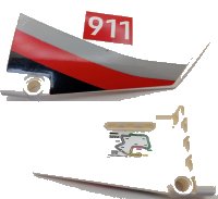 LEGO part Technic, Panel Fairing #18 Large Smooth, Side B with White '911' on Red Rectangle and Gray, Red and Black Curved Stripes Pattern (Sticker) - Set 42096 64682pb031