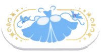 LEGO part Tile, Round 2 x 4 Oval with Medium Blue Ball Gown, Birds, and Ribbons, Gold Border and Sparkles Pattern 66857pb058