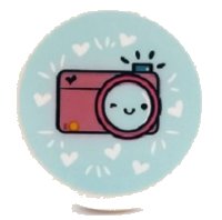 LEGO part Tile, Round 3 x 3 with Dark Pink Camera with Face and Hearts on Light Aqua Background Pattern (Sticker) - Set 41450 67095pb043