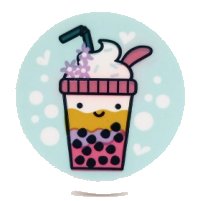 LEGO part Tile, Round 3 x 3 with Bubble Tea with Cream, Straw, Flowers, Hearts and Dots on Light Aqua Background Pattern (Sticker) - Set 41450 67095pb046