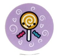 LEGO part Tile, Round 3 x 3 with Candy, Lollipop, Swirls and Hearts on Lavender Background Pattern (Sticker) - Set 41450 67095pb051