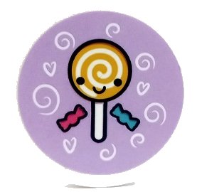 LEGO part Tile, Round 3 x 3 with Candy, Lollipop, Swirls and Hearts on Lavender Background Pattern (Sticker) - Set 41450 (67095pb051)