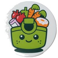 LEGO part Tile, Round 3 x 3 with Lime Shopping Basket with Black Eyes, Mouth and Freckles, Apple, Bright Pink Bottle, Red Strawberries, Orange Carrots and Donut with White Frosting Pattern 67095pb123