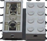 LEGO part Brick, Modified 2 x 4 with Wheels Holder, Trans-Clear Bottom 7049c02