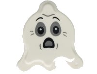 LEGO part Tile, Round 2 x 2 Splat with Side Extensions with Ghost Face with Dark Bluish Gray and Light Bluish Gray Eyes and Scared Open Mouth Pattern (BAM) 80677pb02
